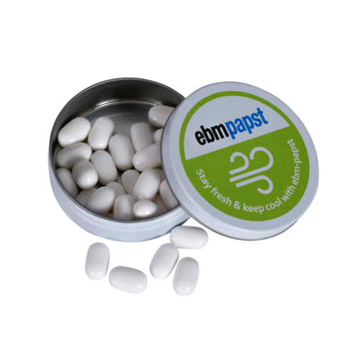 The round pocket box made of environmentally friendly tinplate from ebm-papst.